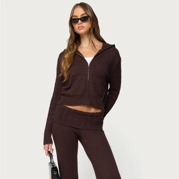 Edikted Brown Knit Hoodie Zip-Up Sweater - Picture 6 of 7